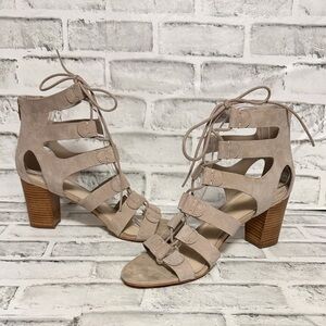 Elegant Tan Lace-Up Block Heel Sandals